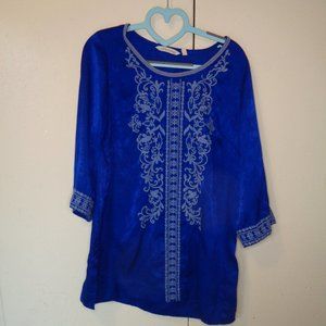Soft Surroundings Royal Blue  Embroidery Long Sleeve Tunic Top Bohemian Guru